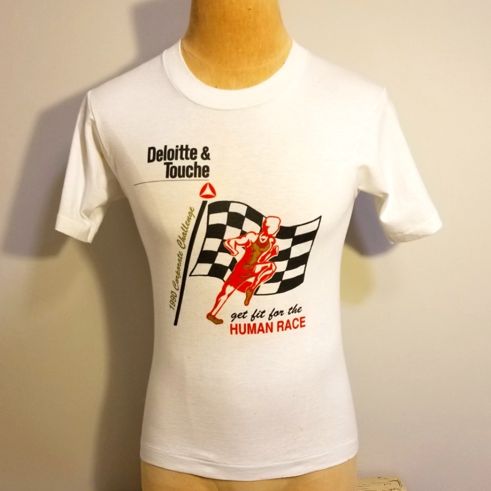 VTG SCREEN STARS BEST T-SHIRT VINTAGE 1990 DELOITTE & TOUCHE BLACK WHITE RED RUN
